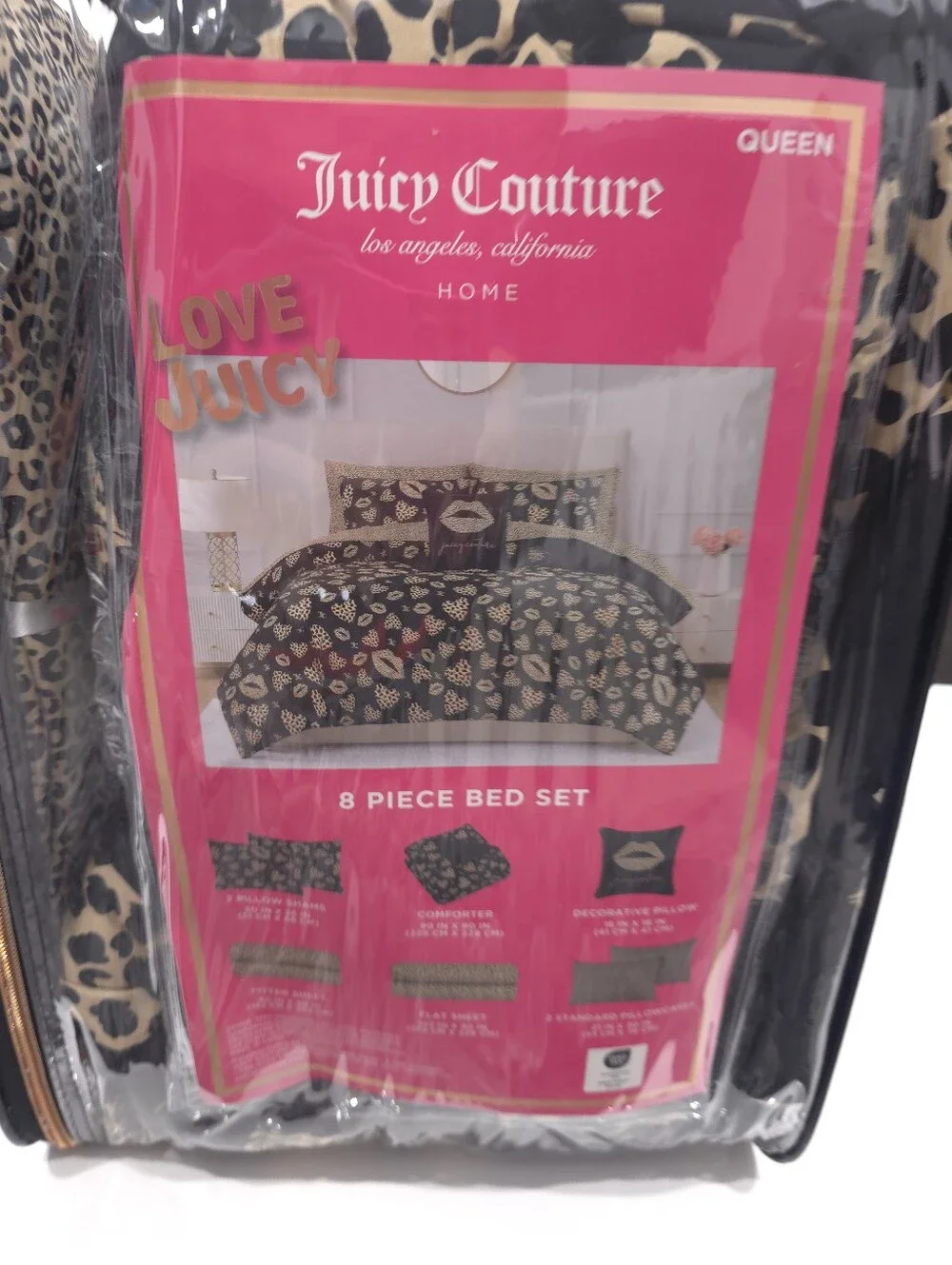 Juicy Couture QUEEN Cheetah Heart Kiss Love 8 piece Comforter and Sheets set New